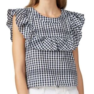 Waverly Grey Luu Gingham Ruffle Sleeve Top Navy and White Small